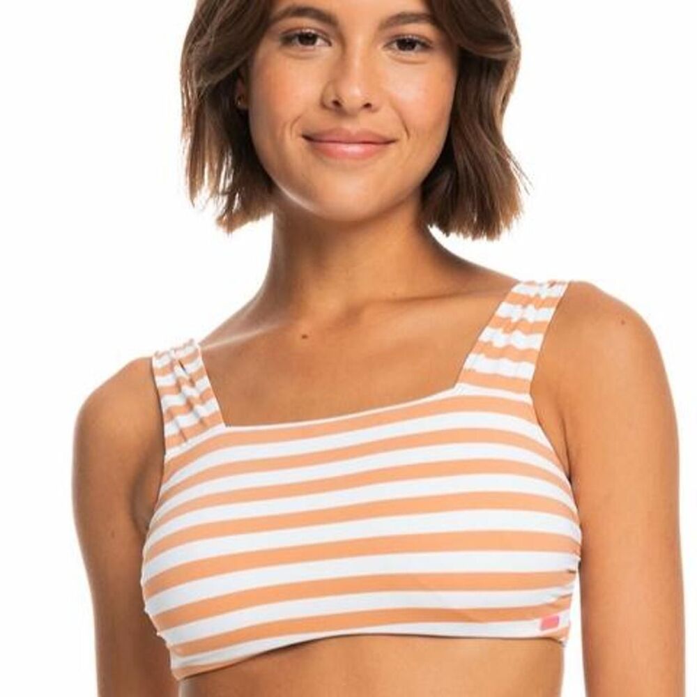 Roxy White and Dark Orange Horizontal Striped Bikini Top